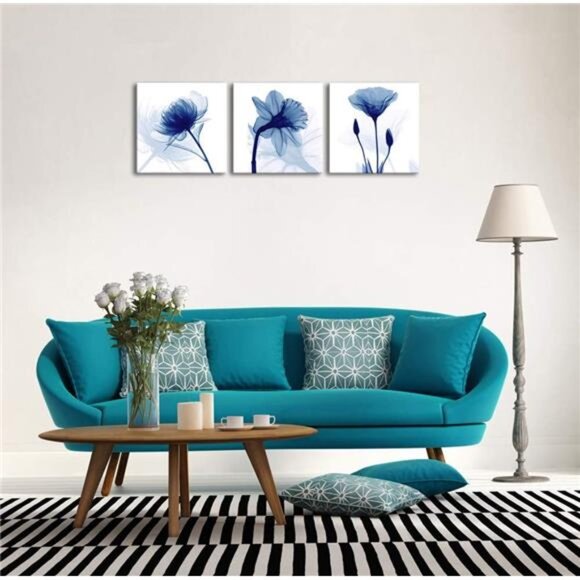 Art Blue Abstract Flowers 3 Panels Giclee Canvas Prints Wall Art Modern - Picture 9 of 14